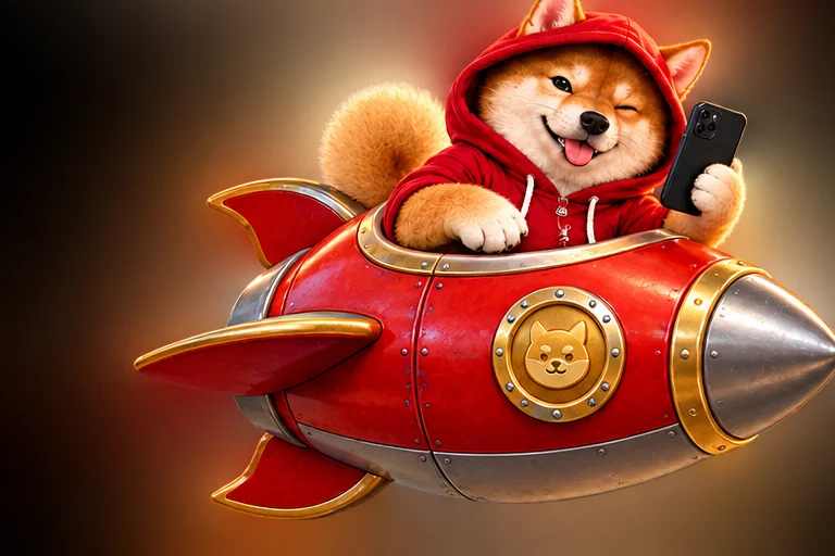Rocket Inu in a red hoodie riding a rocket with a phone
