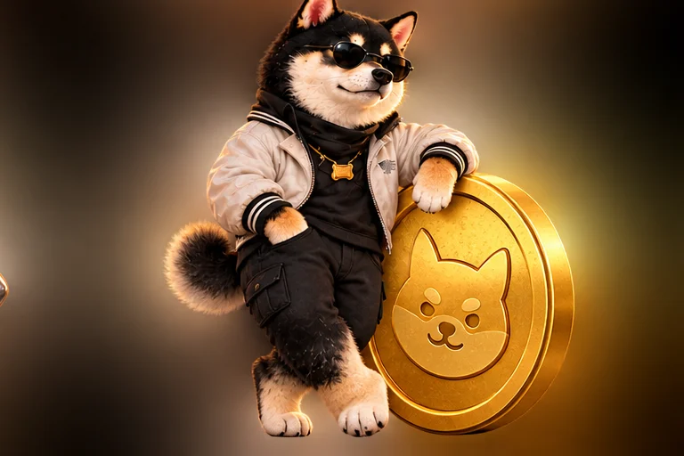 Shades Inu in sunglasses leaning on a giant gold coin
