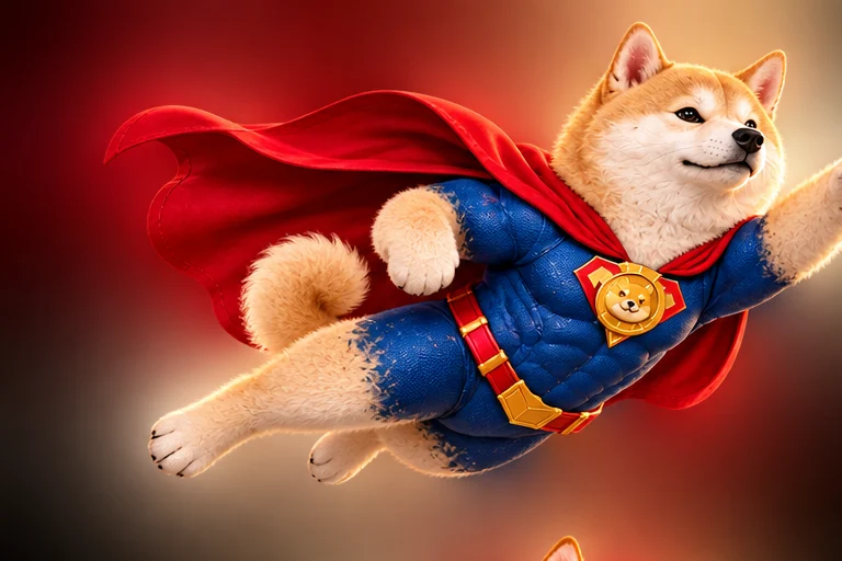 Super Inu flying in a blue suit and red cape