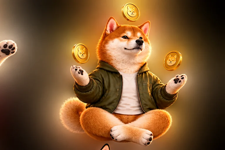 Zen Inu in a green jacket juggling gold coins